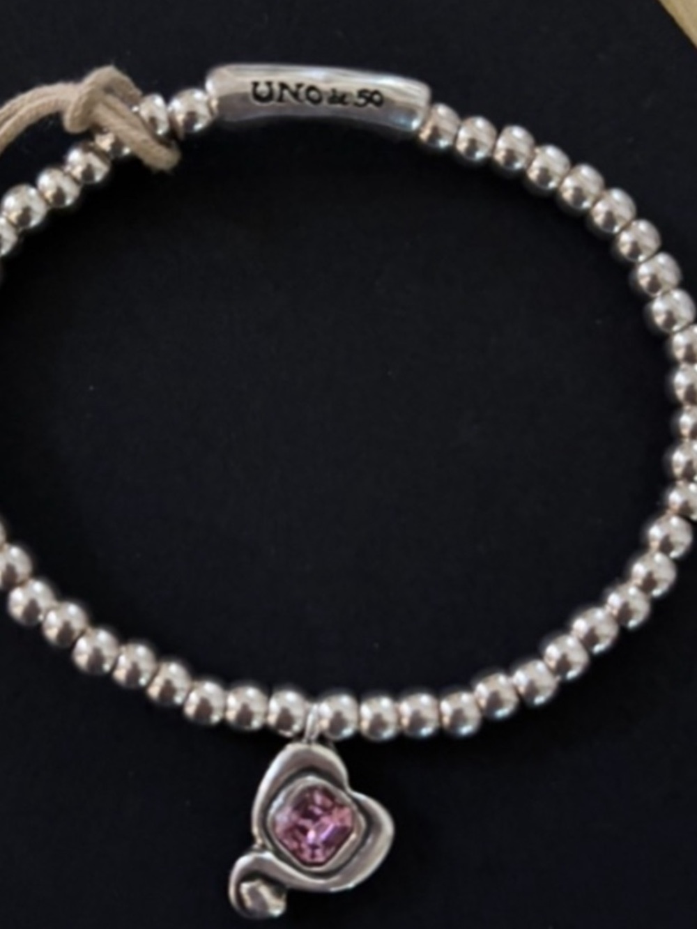 UNO de 50 Silver Beaded Bracelet with a  Crystal Heart Charm. New - Picture 6 of 6
